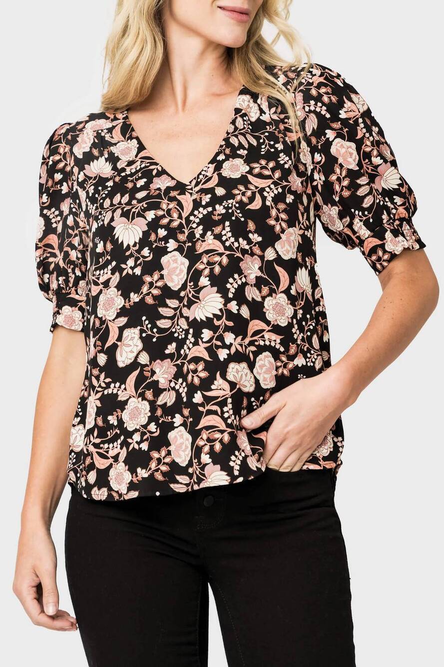 NEW GIBSONLOOK puff sleeve v-neck blouse in black blush floral